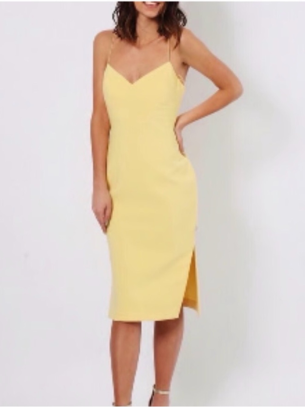 Likely NWT Pale Yellow Slip Midi Cocktail Dress with Side Slit
